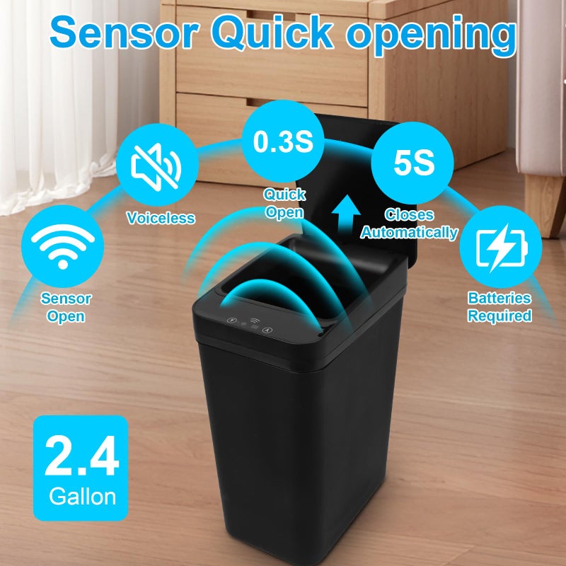 QSFWCSM 2 Pack Bathroom Trash can,Smart Touchless Trash Can,Automatic Motion Sensor Trash Bin with Lid,2.4 Gallon Garbage Can, Kitchen, Bathroom, Office, Bedroom Trash can (Black+White) - Image 5