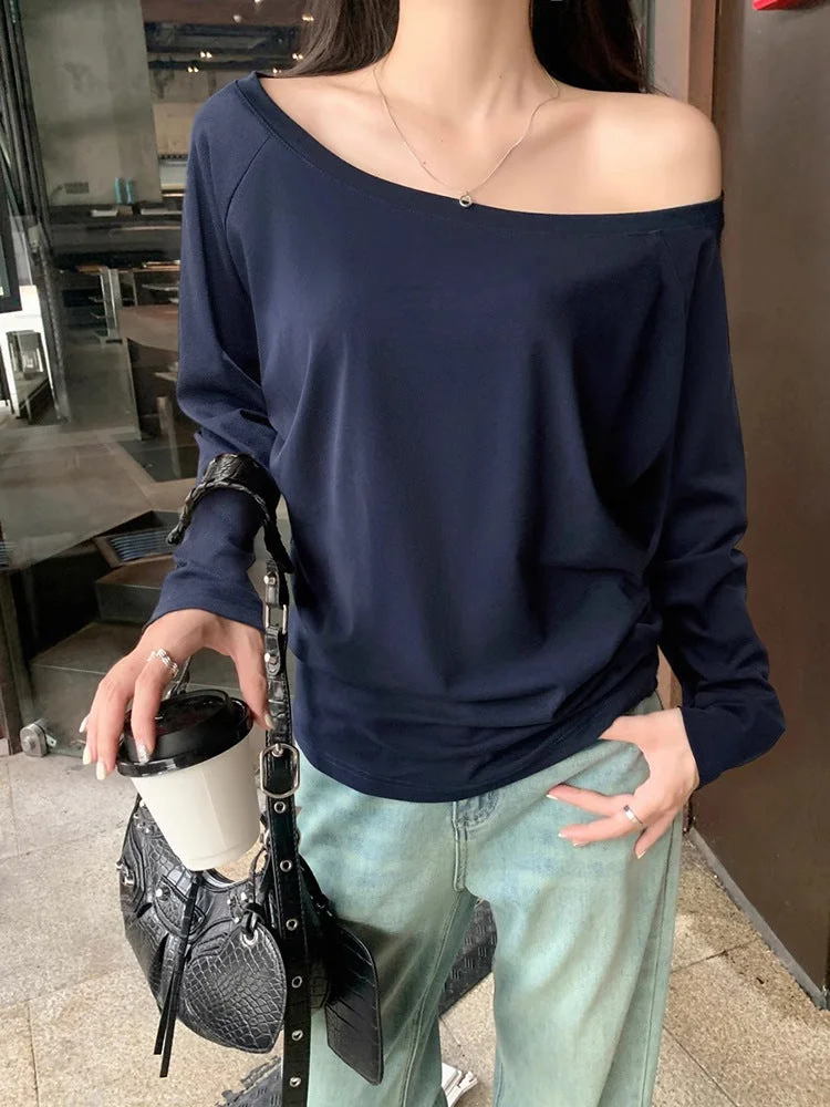 OUTZIDR Navy Blue Broad Shoulder Full Sleeves Top