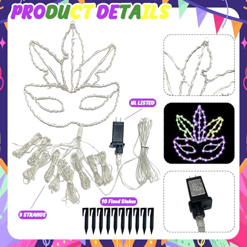 Quasynel 12ft Mardi Gras Lights Decorations - Green Purple Gold Mardi Gras Fleur De Lis Mask String Light Outdoor 330 LEDs Waterfall Lights for Tree Garden Yard Party Decor - Image 2
