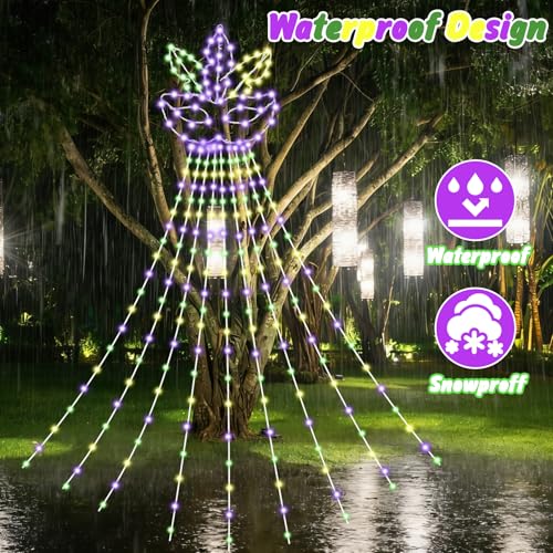 Quasynel 12ft Mardi Gras Lights Decorations - Green Purple Gold Mardi Gras Fleur De Lis Mask String Light Outdoor 330 LEDs Waterfall Lights for Tree Garden Yard Party Decor - Image 4