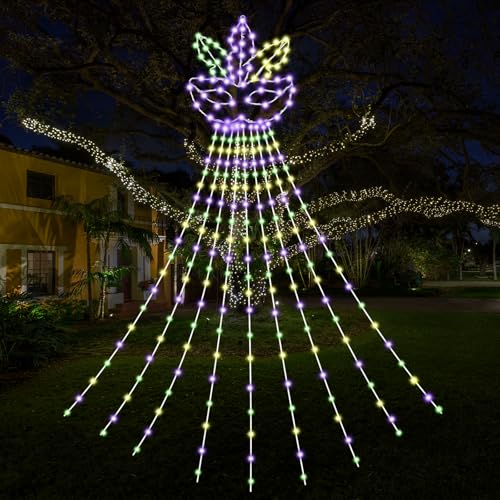 Quasynel 12ft Mardi Gras Lights Decorations - Green Purple Gold Mardi Gras Fleur De Lis Mask String Light Outdoor 330 LEDs Waterfall Lights for Tree Garden Yard Party Decor - Image 1