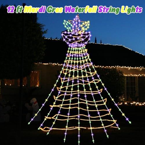 Quasynel 12ft Mardi Gras Lights Decorations - Green Purple Gold Mardi Gras Fleur De Lis Mask String Light Outdoor 330 LEDs Waterfall Lights for Tree Garden Yard Party Decor - Image 5