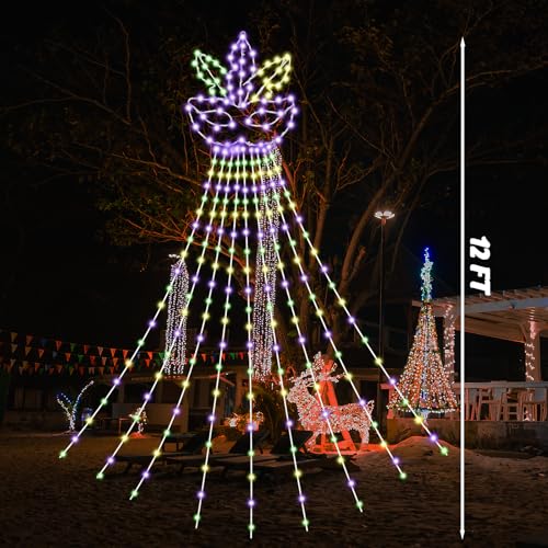 Quasynel 12ft Mardi Gras Lights Decorations - Green Purple Gold Mardi Gras Fleur De Lis Mask String Light Outdoor 330 LEDs Waterfall Lights for Tree Garden Yard Party Decor - Image 3
