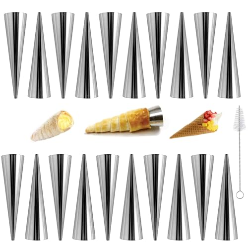 JIELUO 20Pcs Large Conical Cream Horn Molds Nonstick Cream Horn Molds Stainless Steel 5 inch Large Size Cannoli Tubes Kit Pack of Baking Cones Pastry Roll Horn Croissant Mold With brush - Image 1
