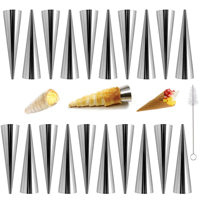 JIELUO 20Pcs Large Conical Cream Horn Molds Nonstick Cream Horn Molds Stainless Steel 5 inch Large Size Cannoli Tubes Kit Pack of Baking Cones Pastry Roll Horn Croissant Mold With brush - Image 2