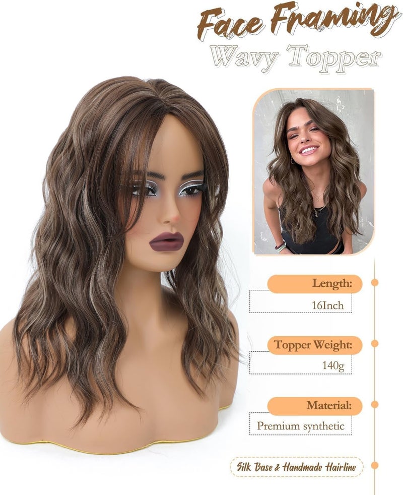 PANEWAY Hair Topper 16Inch Hair Toppers For Women Wavy Curly Brown Highlights Clip In Synthetic Wiglets for Women - Image 2