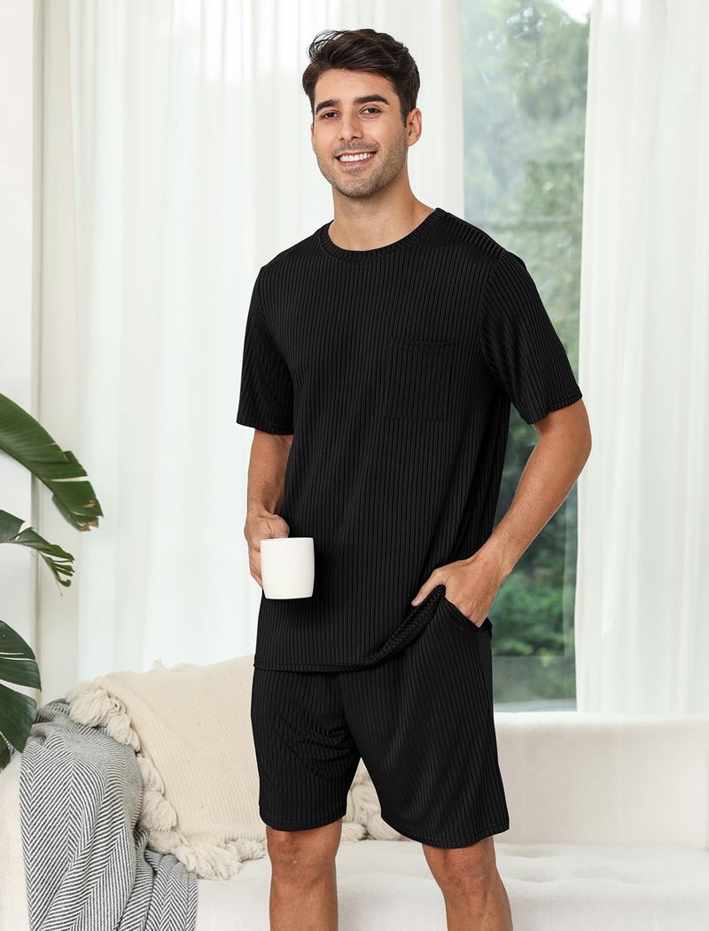 EISHOPEER Ribbed Knit Pajama Set Mens 2 Piece Lounge Sets Short Sleeve Pullove Tops and Shorts Black Small - Image 2