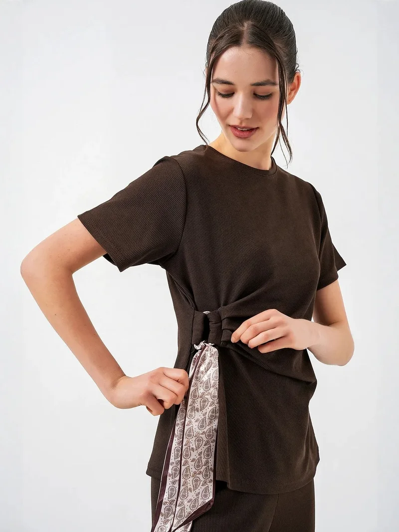 بيغ دارت BDART Crew Neck Tie Detail Ribbed Co-Ord Set with Wide Leg Trousers