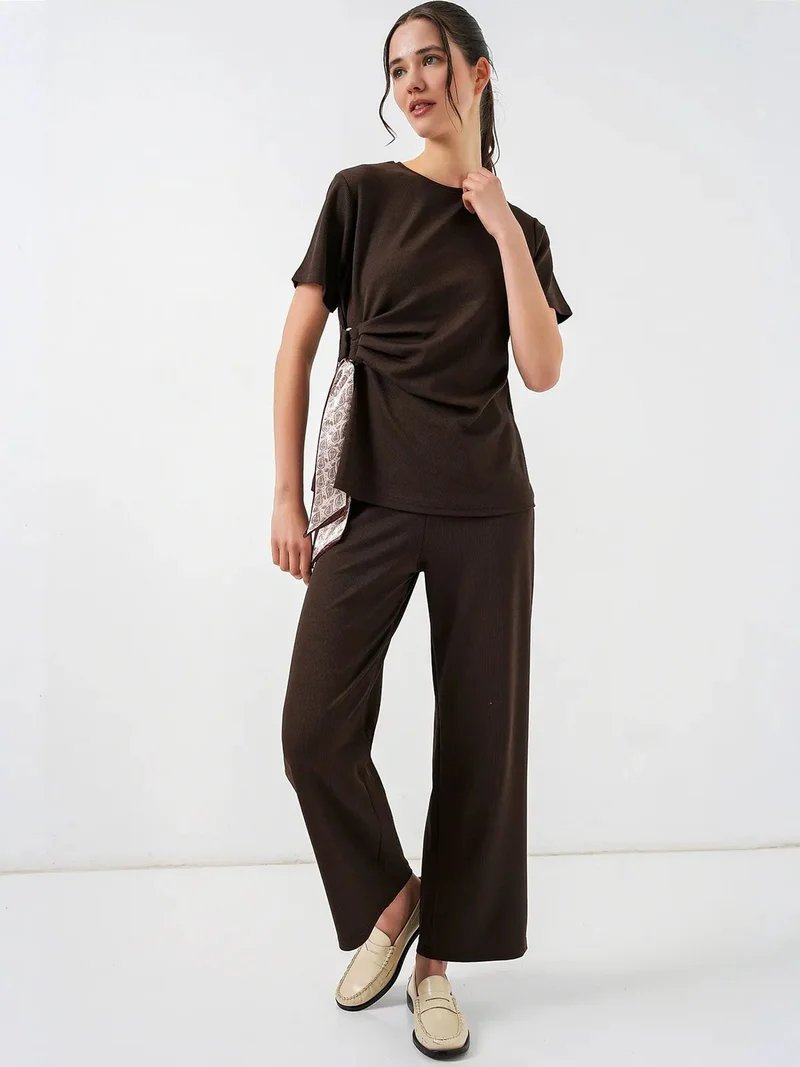 بيغ دارت BDART Crew Neck Tie Detail Ribbed Co-Ord Set with Wide Leg Trousers