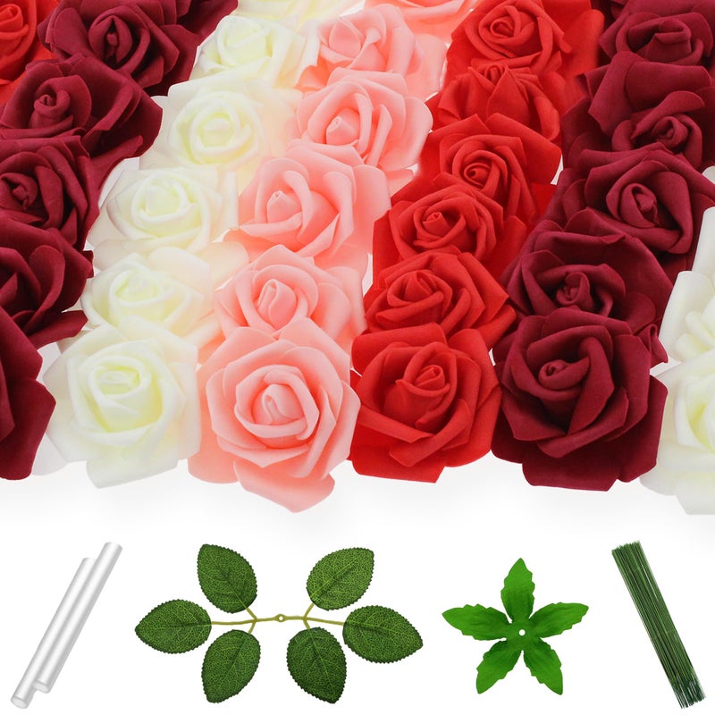 Vignor 100 Pcs 3 Inch Artificial Flowers Bulk 5 In 1 Set Faux Foam Fake Rose Head Wedding Decoration Bridal Shower Centerpiece Arrangement Wall Table Decor Diy Craft (4 Shades Of Red Ivory) - Image 1