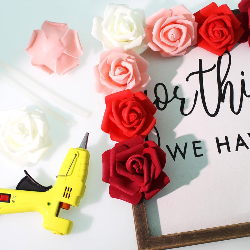 Vignor 100 Pcs 3 Inch Artificial Flowers Bulk 5 In 1 Set Faux Foam Fake Rose Head Wedding Decoration Bridal Shower Centerpiece Arrangement Wall Table Decor Diy Craft (4 Shades Of Red Ivory) - Image 5