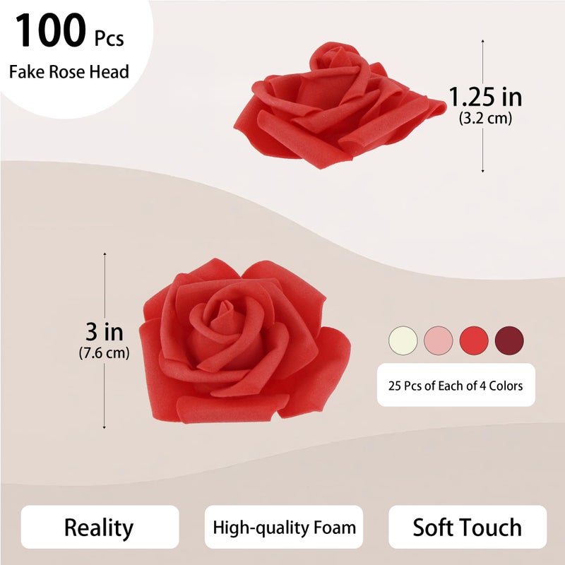 Vignor 100 Pcs 3 Inch Artificial Flowers Bulk 5 In 1 Set Faux Foam Fake Rose Head Wedding Decoration Bridal Shower Centerpiece Arrangement Wall Table Decor Diy Craft (4 Shades Of Red Ivory) - Image 2