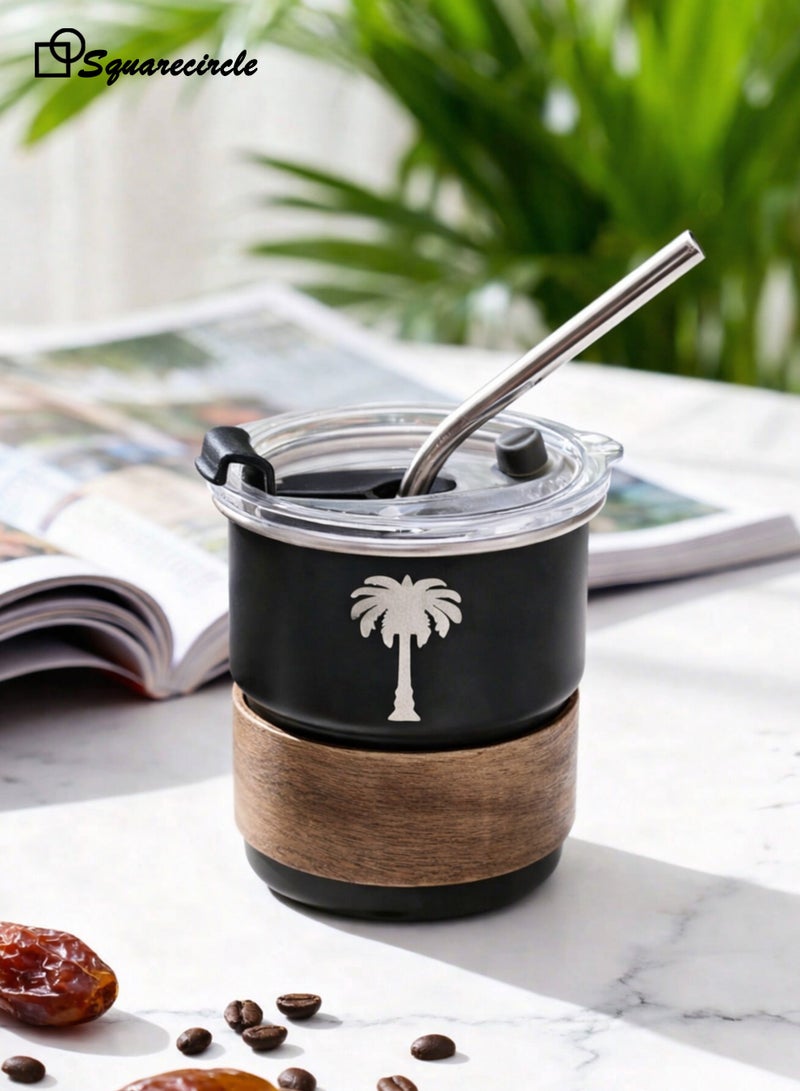 دائرة مربعة كوب سفر من الفولاذ المقاوم للصدأ 304 – تصميم مستوحى من الثقافة العربية مع غطاء محكم وشفاط، 300 مل، للحفاظ على الحرارة والبرودة، خالي من BPA، مثالي للقهوة والشاي والمزيد(أسود) - Image 2