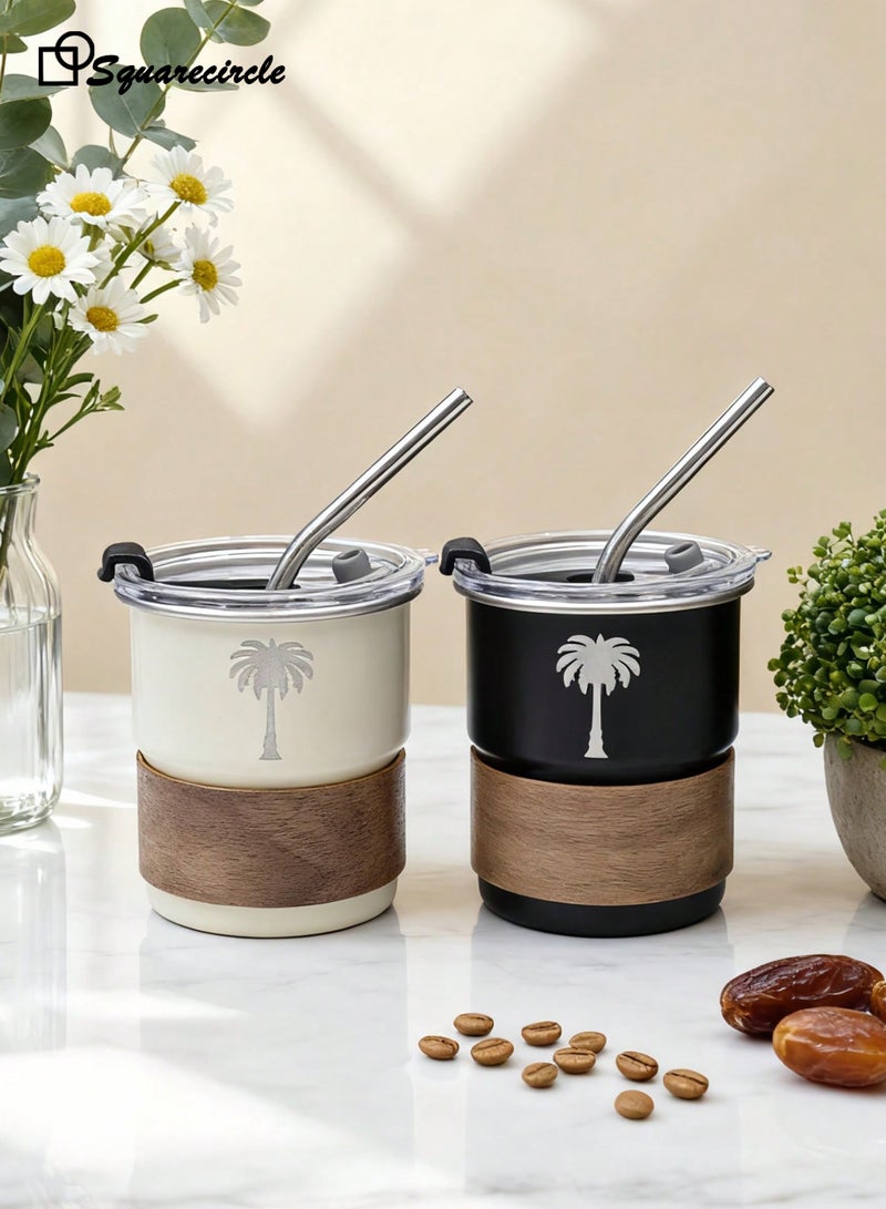 دائرة مربعة كوب سفر من الفولاذ المقاوم للصدأ 304 – تصميم مستوحى من الثقافة العربية مع غطاء محكم وشفاط، 300 مل، للحفاظ على الحرارة والبرودة، خالي من BPA، مثالي للقهوة والشاي والمزيد(أسود) - Image 3