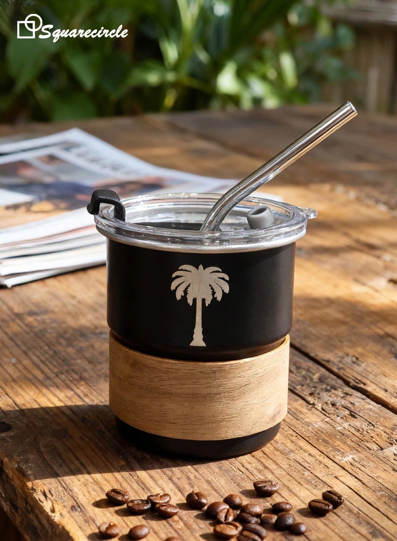 دائرة مربعة كوب سفر من الفولاذ المقاوم للصدأ 304 – تصميم مستوحى من الثقافة العربية مع غطاء محكم وشفاط، 300 مل، للحفاظ على الحرارة والبرودة، خالي من BPA، مثالي للقهوة والشاي والمزيد(أسود) - Image 1