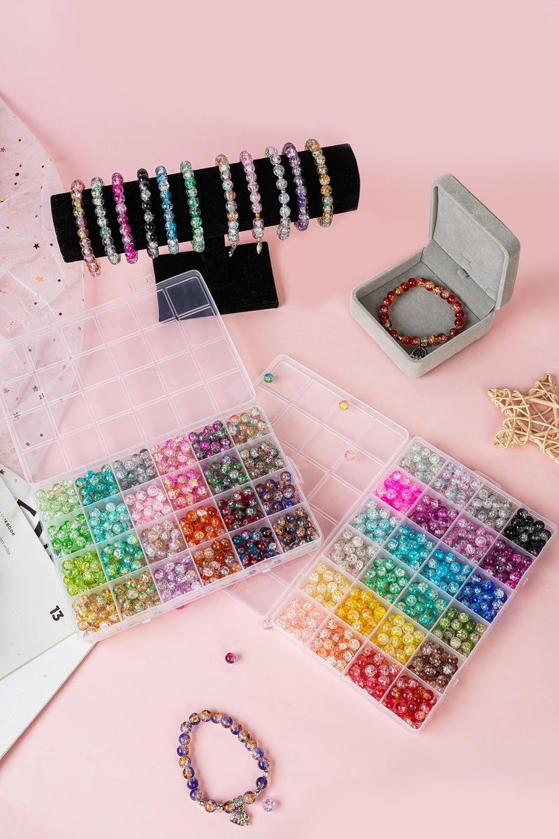 REVKI 1300PCS 8mm Mixed Crackle Glass Beads for Bracelets Making with Accessories, 48 Colors Crystal Glass Beads Jewelry Making Kit, Round Beads for DIY Bracelet Crafts - Image 4