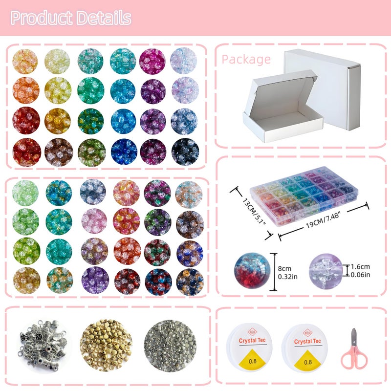REVKI 1300PCS 8mm Mixed Crackle Glass Beads for Bracelets Making with Accessories, 48 Colors Crystal Glass Beads Jewelry Making Kit, Round Beads for DIY Bracelet Crafts - Image 2