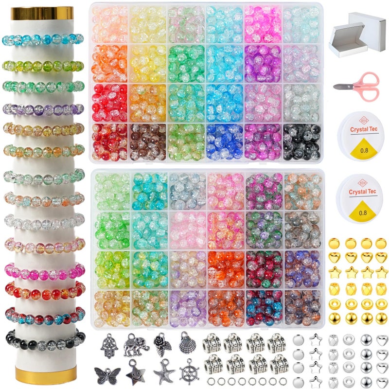 REVKI 1300PCS 8mm Mixed Crackle Glass Beads for Bracelets Making with Accessories, 48 Colors Crystal Glass Beads Jewelry Making Kit, Round Beads for DIY Bracelet Crafts - Image 1