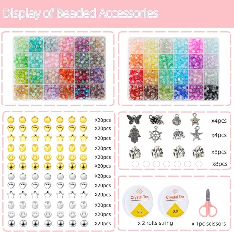 REVKI 1300PCS 8mm Mixed Crackle Glass Beads for Bracelets Making with Accessories, 48 Colors Crystal Glass Beads Jewelry Making Kit, Round Beads for DIY Bracelet Crafts - Image 3