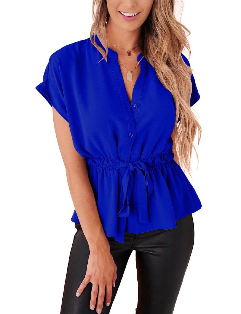 CiCiBird Womens Button Down Blouses Casual Peplum Summer Tops Dressy Chiffon Work Blouse Sapphire Blue - Image 1