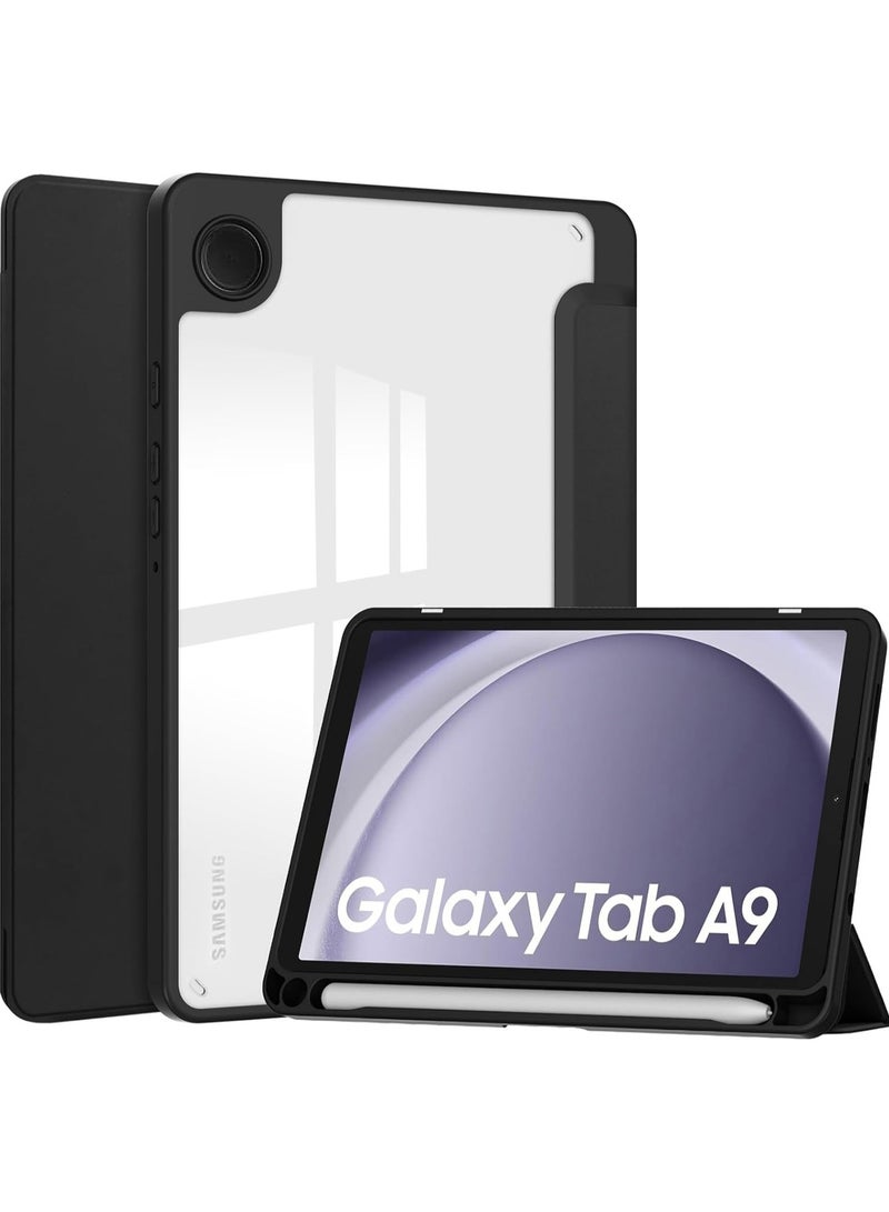Hybrid Slim Case with Pen Holder for Samsung Galaxy Tab A9 8.7 Inch 2023 Model (SM-X110/X115/X117) Clear Transparent Back Shell, Black - Image 1