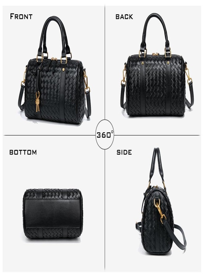 واي بي حقائب يد منسوجة للنساء، حقيبة بوسطن أسطوانية جلدية، حقيبة يد بمقبض علوي، حقائب يد وحقائب كروسبودي (أسود) - Image 4