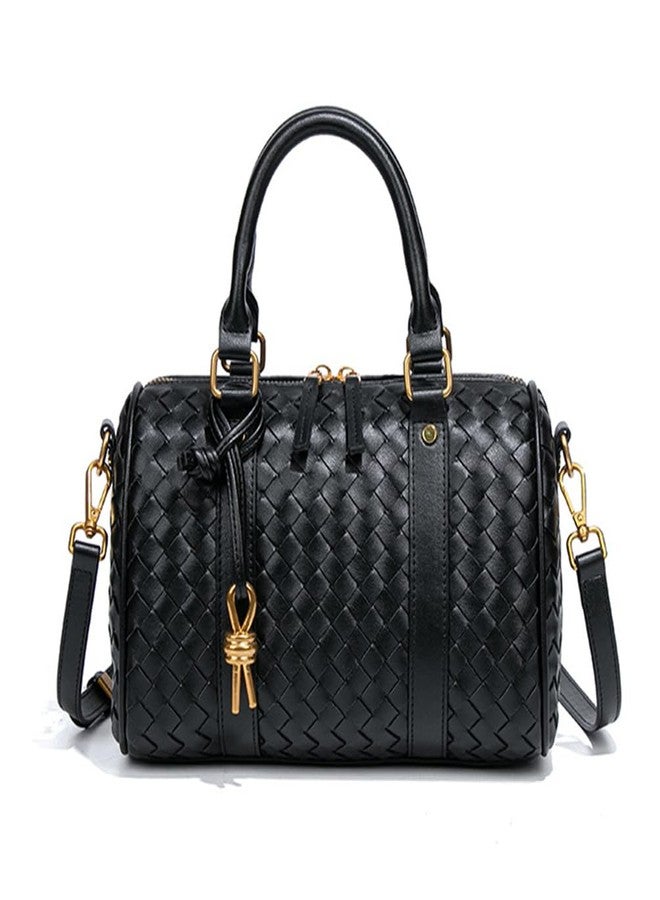 واي بي حقائب يد منسوجة للنساء، حقيبة بوسطن أسطوانية جلدية، حقيبة يد بمقبض علوي، حقائب يد وحقائب كروسبودي (أسود) - Image 1