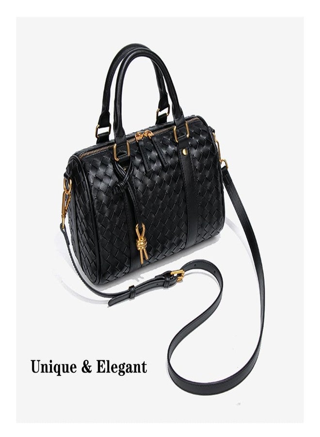 واي بي حقائب يد منسوجة للنساء، حقيبة بوسطن أسطوانية جلدية، حقيبة يد بمقبض علوي، حقائب يد وحقائب كروسبودي (أسود) - Image 3