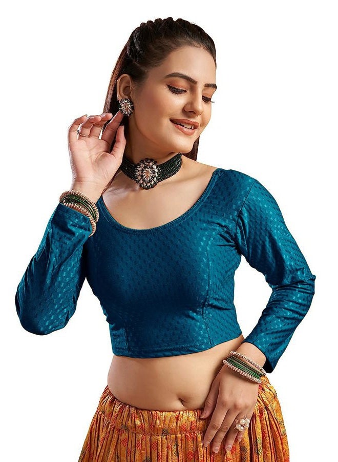 themilestocks TMS Women's Blouses Readymade Gold Stretchable Saree Crop Top Choli Free Size Long Sleeve (Teal Blue, Can fit bust size 28"-38") - Image 1