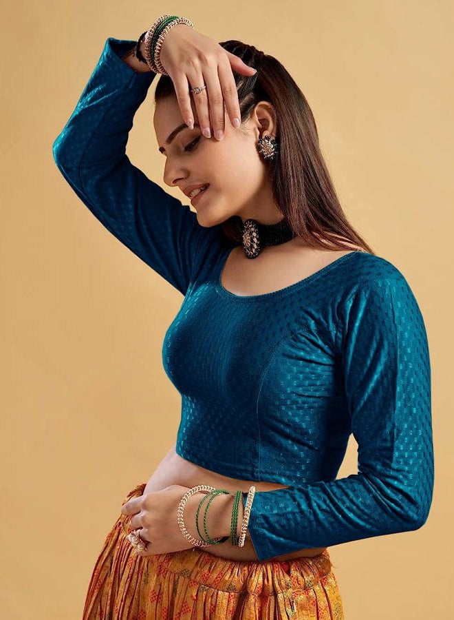 themilestocks TMS Women's Blouses Readymade Gold Stretchable Saree Crop Top Choli Free Size Long Sleeve (Teal Blue, Can fit bust size 28"-38") - Image 3