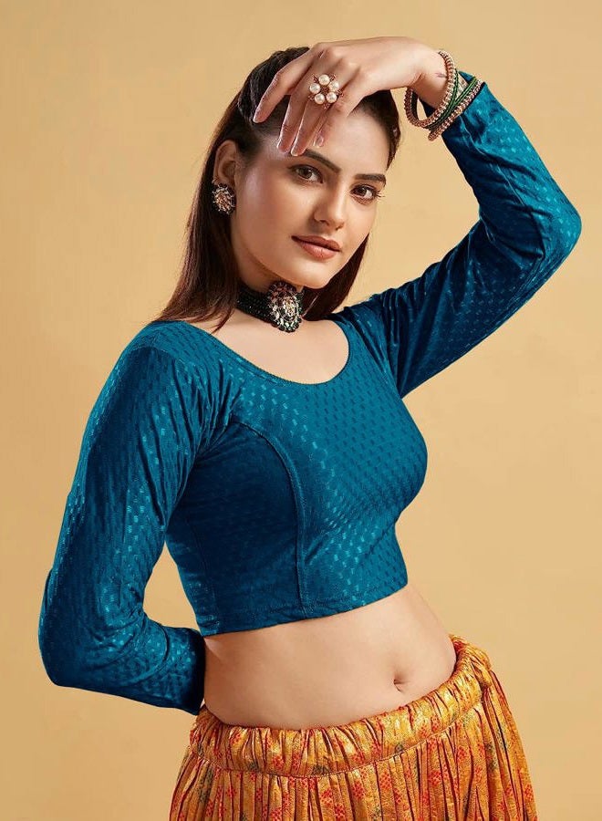 themilestocks TMS Women's Blouses Readymade Gold Stretchable Saree Crop Top Choli Free Size Long Sleeve (Teal Blue, Can fit bust size 28"-38") - Image 2
