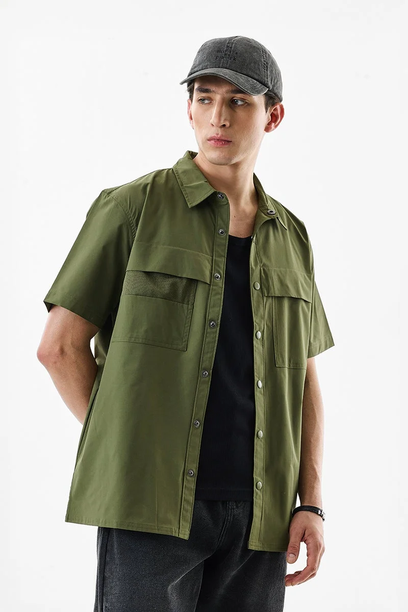سنيتش Olive Solid Short Sleeve Regular Fit Shirt