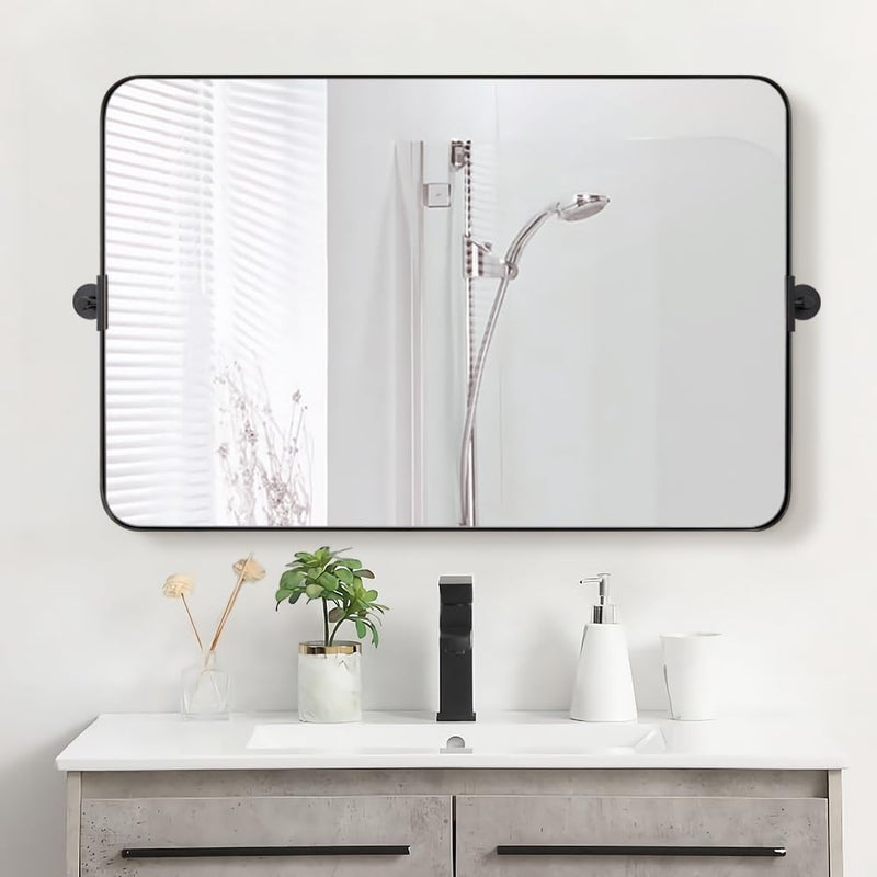 MOON MIRROR MOON MIRROR 30 x 22 Matte Black Rectangle Bathroom Mirror Tilting Rounded Rectangular Metal Framed Pivot Wall Mirror Hangs Horizontally OnlyOverall 3375 x 22 