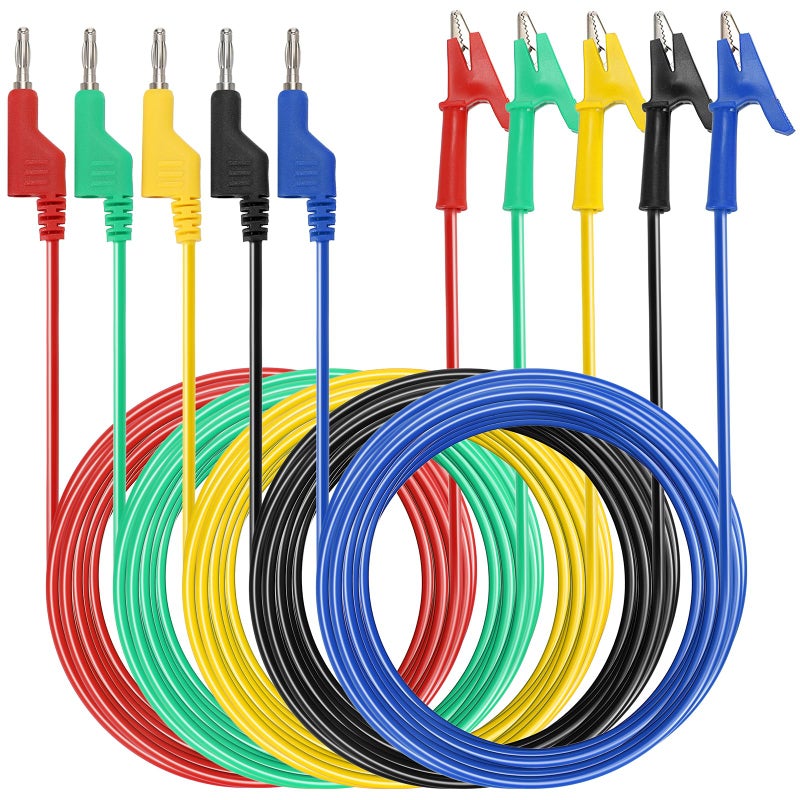 Sumnacon Multimeter Banana Plug to Crocodile Alligator Clip Test Probe, 5PC 4mm Stackable Colorful Silicone Banana Plug to Alligator Clip Test Probe Lead Wire Cable 9.8Ft/3M - Image 1