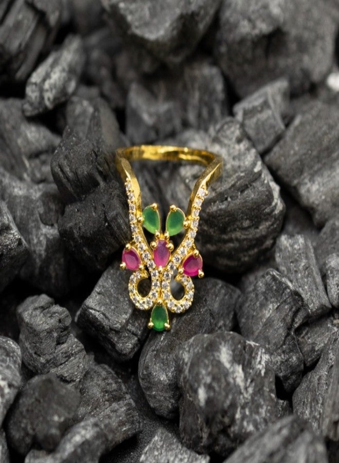 ZEELLO Traditional Gold Plated CZ Vanki Finger Ring with Green and Pink Stones for Women and Girls - Image 2