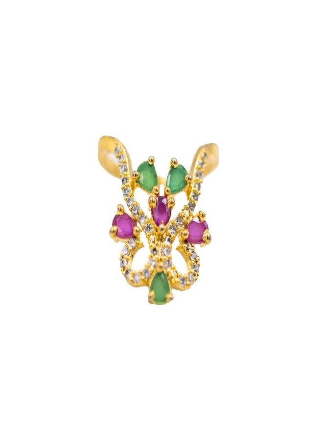 ZEELLO Traditional Gold Plated CZ Vanki Finger Ring with Green and Pink Stones for Women and Girls - Image 1