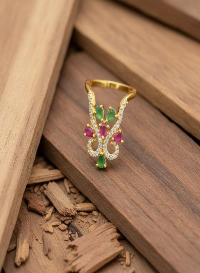 ZEELLO Traditional Gold Plated CZ Vanki Finger Ring with Green and Pink Stones for Women and Girls - Image 5