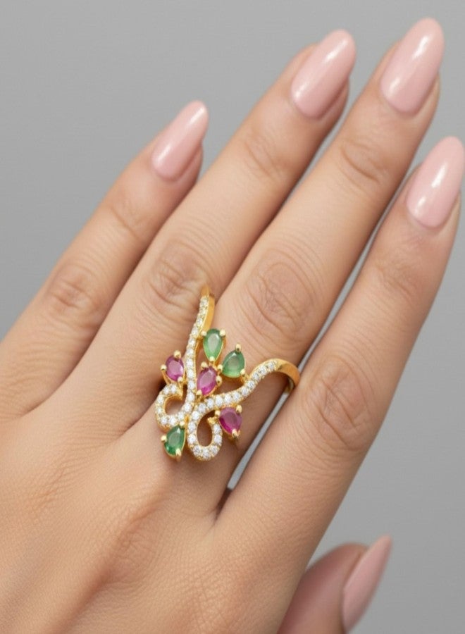 ZEELLO Traditional Gold Plated CZ Vanki Finger Ring with Green and Pink Stones for Women and Girls - Image 3