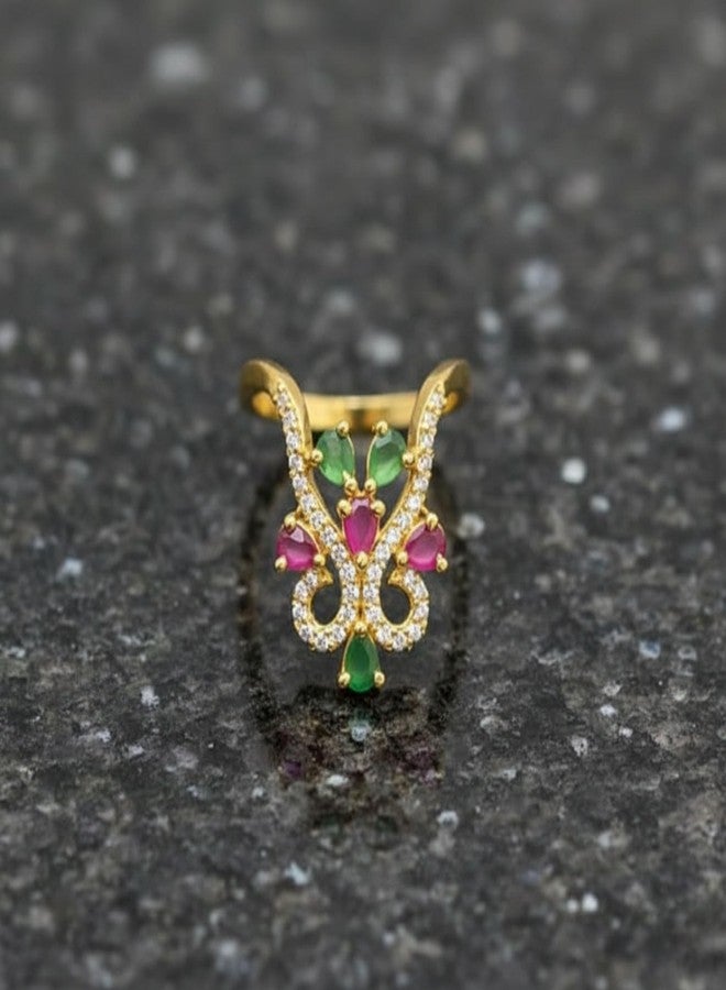 ZEELLO Traditional Gold Plated CZ Vanki Finger Ring with Green and Pink Stones for Women and Girls - Image 4