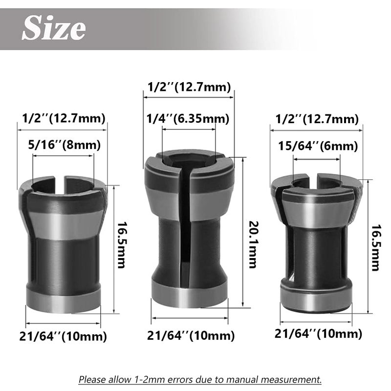 Mesee 3 Pieces Router Collet Chuck, 6mm 6.35mm 8mm Router Bit Collet Chuck Clamping Adapter for Woodworking CNC Engraving Trimming Carving Machine Tool - Image 3