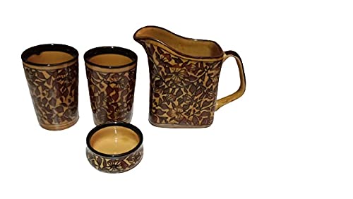 Caffeine Ceramic Stonwear Handmade Brown Shera Combo Set 4 Pieces 1 Jug 2 Glasses and 1 Dip and Souce - Image 1