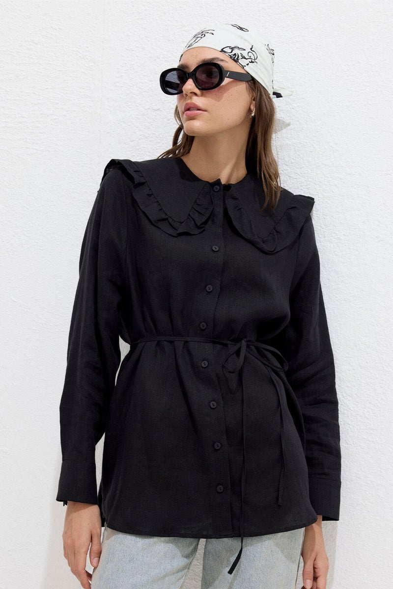 Manuka Collar Detailed Linen Shirt Black  - Image 1