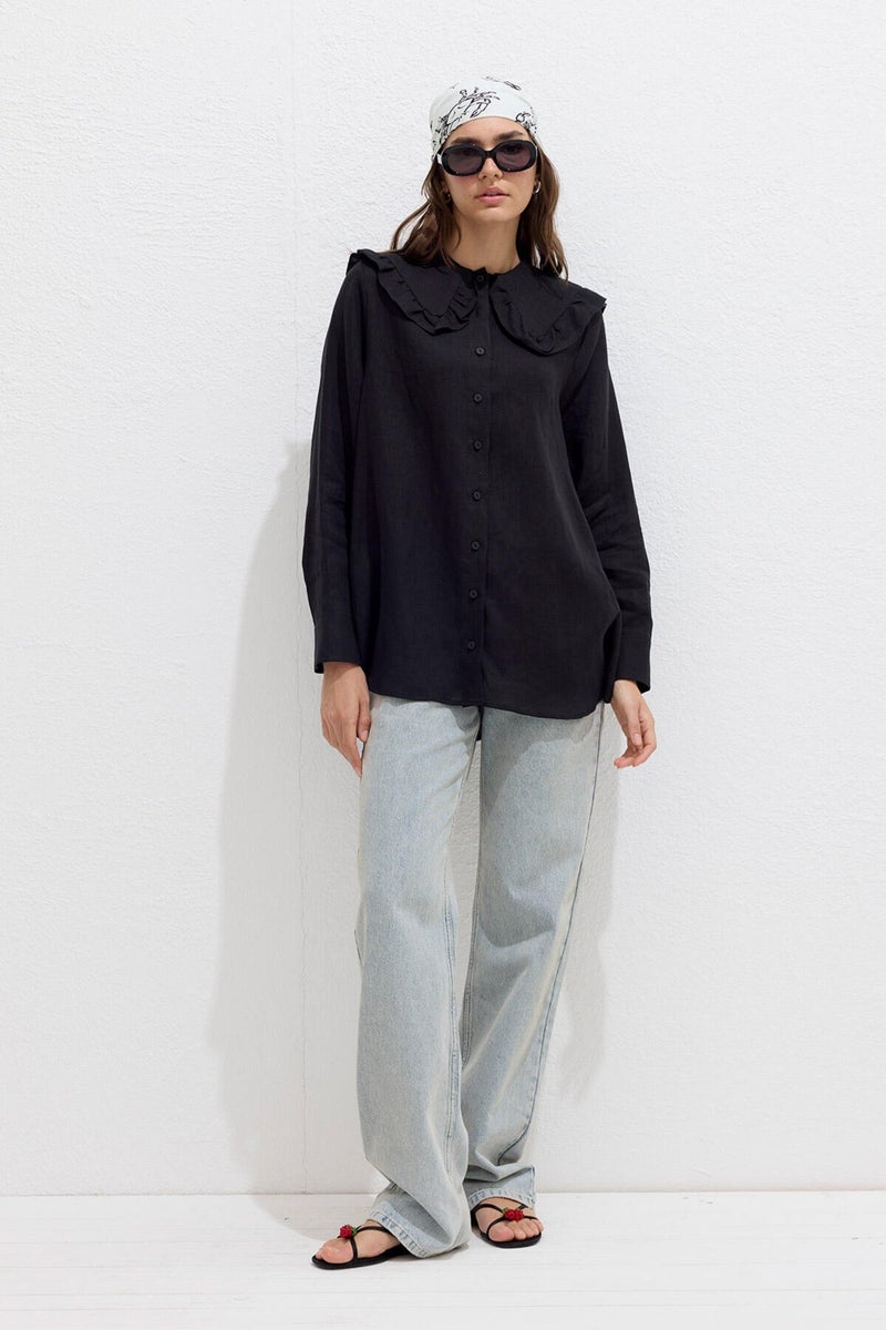 Manuka Collar Detailed Linen Shirt Black  - Image 2