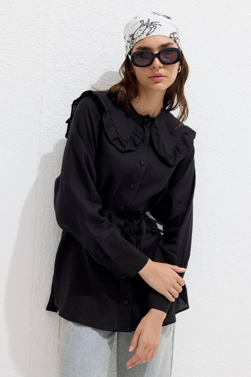 Manuka Collar Detailed Linen Shirt Black  - Image 3