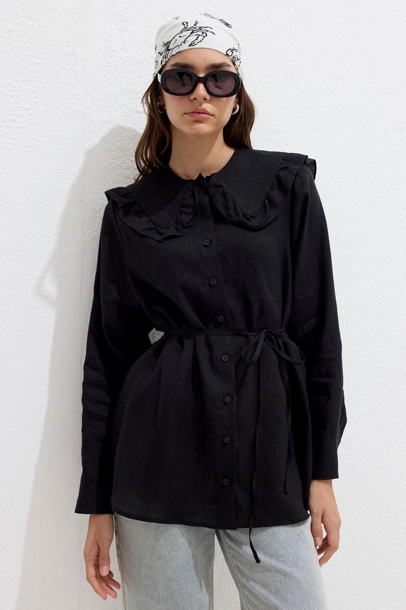 Manuka Collar Detailed Linen Shirt Black  - Image 5