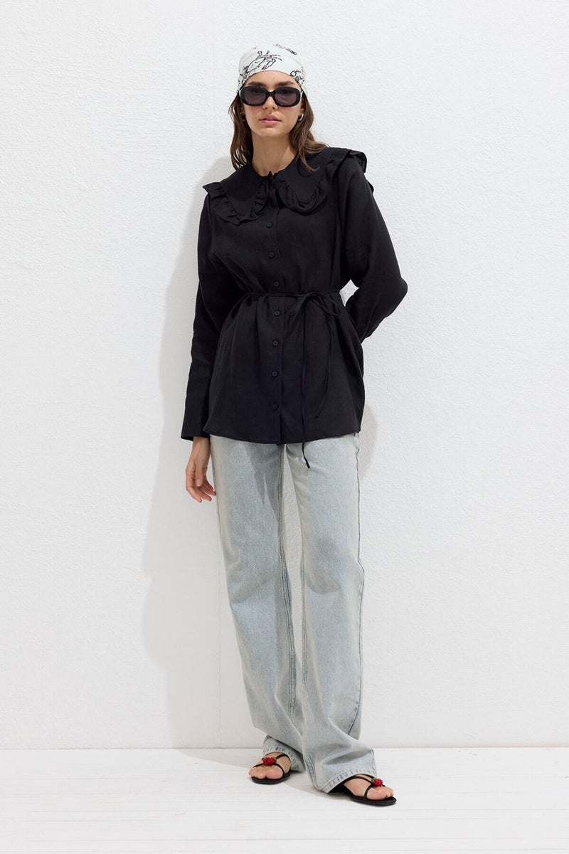 Manuka Collar Detailed Linen Shirt Black  - Image 4
