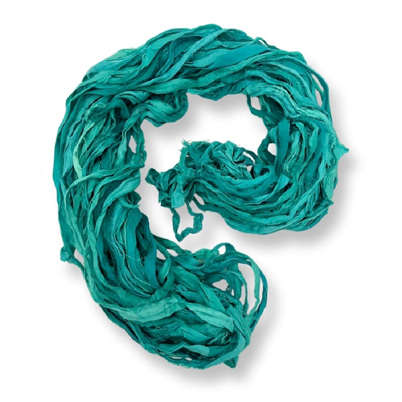 Revolution Fibers  100 Recycled Saree Sari Silk Ribbon Yarn  Bulky Weight  50 Yards per 100 Grams  Knitting  Crocheting  Jewelry Making Gift Wrapping and Weaving Reef Green