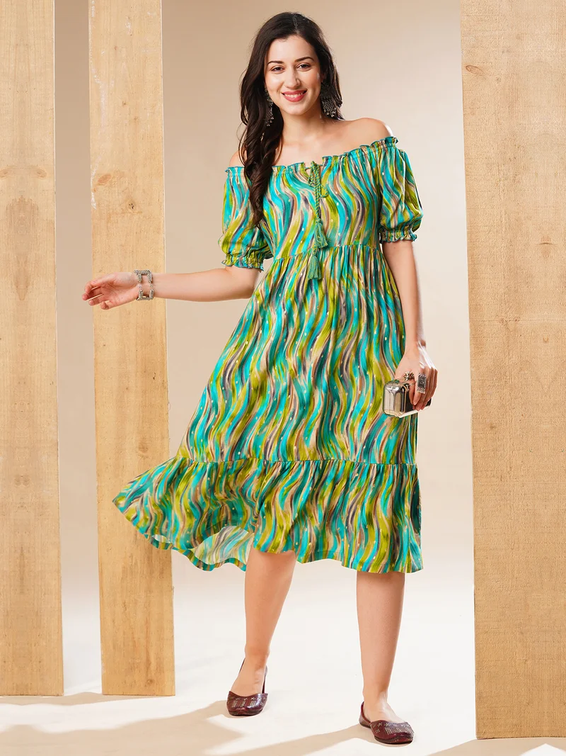 جلو باص Globus Women Off-Shoulder Puff Sleeves Fit & Flare Dress