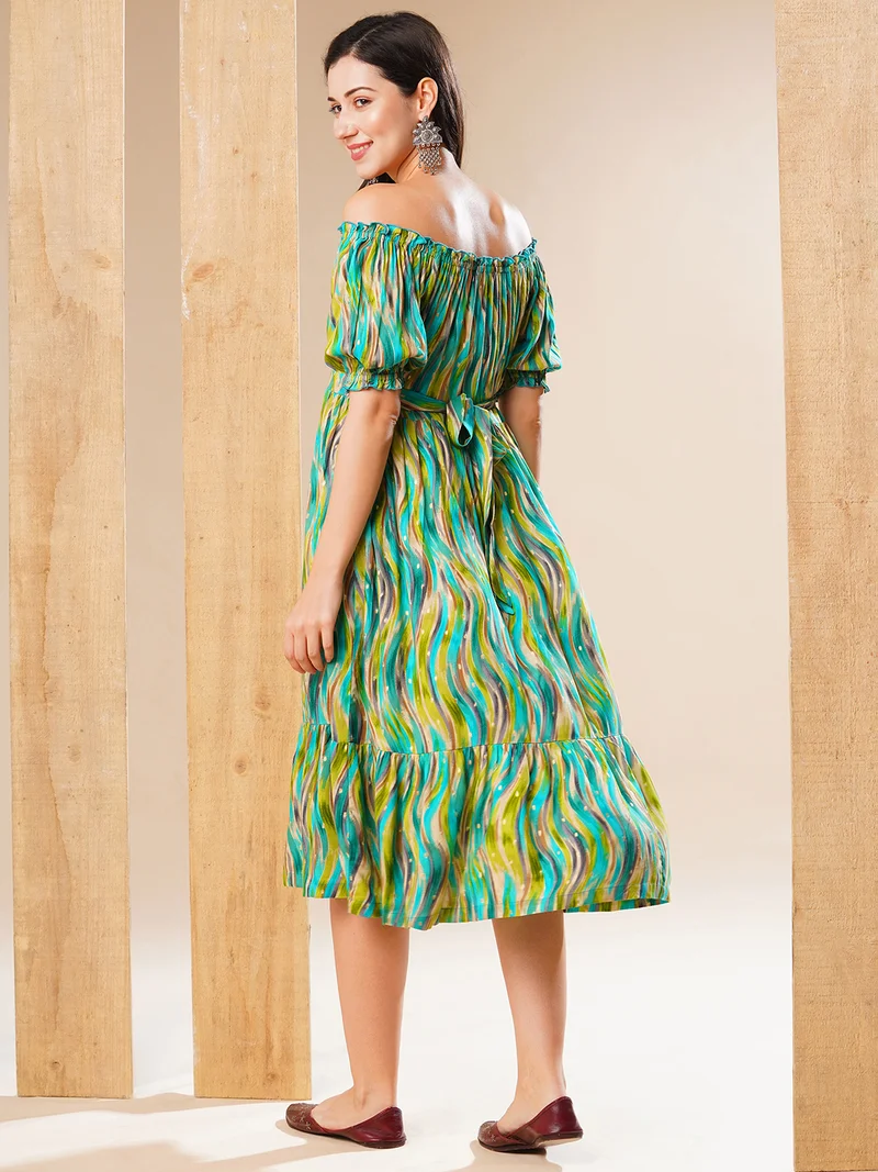 جلو باص فستان جلوبس نسائي بأكمام منفوشة وكتف مكشوف