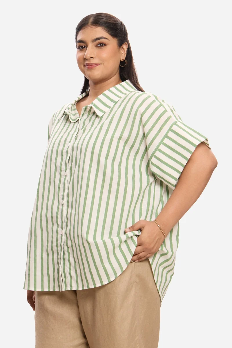 Virgio  Stripes Cotton Plus Size Shirt With Collar Detail for Women for Women | Best Price UAE